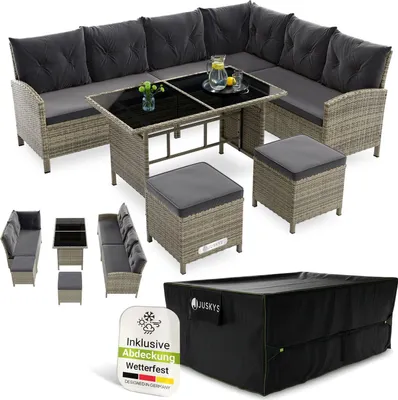 Produktbild von Juskys Polyrattan Lounge Manacor - Sofa, Tisch, Hocker & Kissen inkl. Abdeckung - Grau-meliert & Grau