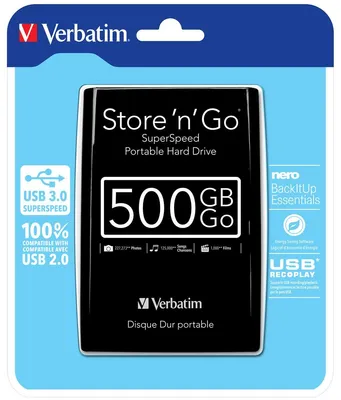 Produktbild von Verbatim Portables Festplattenlaufwerk Store 'n' Go USB 3.0, 500 GB, Schwarz, 500 GB, 2.5", 3.2 Gen 1 (3.1 Gen 1), 5400 RPM, Schwarz