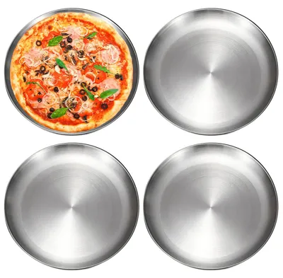 Immagine prodotto di 4 dischi per pizza, rotondi, diametro 30 cm, in acciaio inossidabile, facili da pulire e adatti al lavaggio in lavastoviglie