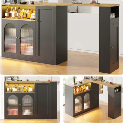 Produktbild von MODFU 360° drehbarer Bartisch mit Stauraum, matt ausziehbarer Bartisch mit Glasschranktür und LED-Licht, Stehtisch Bistrotisch Hochtisch Kücheninsel,Sideboard Weinschrank, Kaffeeecke, Schwarz