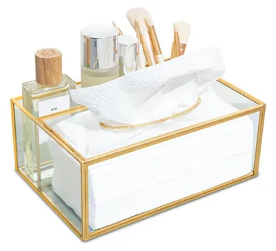 Immagine prodotto di Contenitore per fazzoletti in vetro con funzione di organizer, colore oro, forma rettangolare, dimensioni 25x17x10 cm
