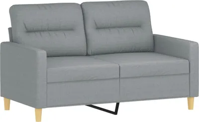 A light gray fabric sofa with two seat cushions and two back cushions, shown from a front-side angle.