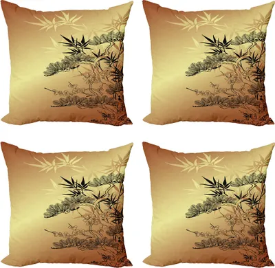 Produktbild von ABAKUHAUS japanisch Kissenbezug Set (4 Stück), Bambus Motive, Moderner Doppelseitiger Digitaldruck, 45 cm x 45 cm, Sepia Schwarz