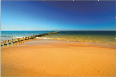 Produktbild von Wallario Wandbild Sandstrand in orange - Blaues Meer - Blauer Himmel, Größe: 61 x 91,5 cm, Poster mit rahmenlosen Bildhalter