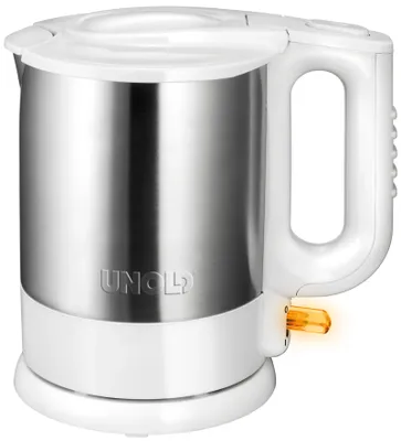 Der Unold Blitzkocher Edition 1,5 L ist ein Wasserkocher aus Edelstahl und Weiß mit dem Unold-Logo 
