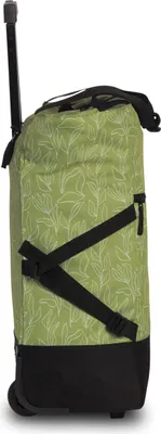A side view of a green shopping trolley with a leaf pattern and black trim.
