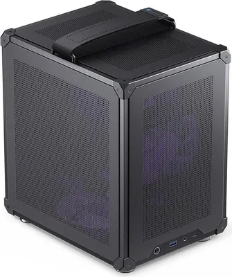 A black computer case with a handle on top, shown from a slightly elevated front-right angle against a white background.
