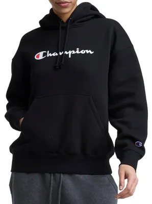 Productafbeelding van Champion Damen Powerblend Relaxed Hoodie, hoodie met bedrukte tekst, model met relaxte pasvorm