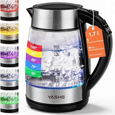 Produktbild von Wasserkocher mit Temperaturwahl 1,7L, 2200W Schneller Elektrischer Wasserkocher Glaswasserkocher mit 5 Farben LED-Beleuchtung
