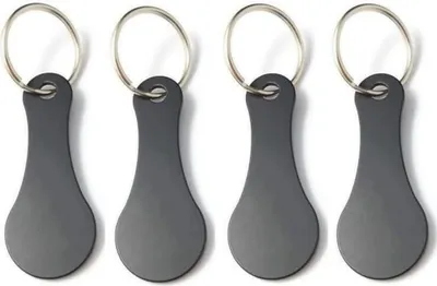Produktbild von 4 Stück Einkaufswagenlöser aus Metall, Einkaufswagenchip zum rausziehen Shwarzer, Abnehmbarer Einkaufschip als Schlüsselanhänger, Edelstahl Einkaufswagen Chip für Alle Einkaufswagen