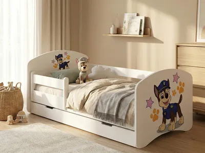 Produktbild von 1x Happy Babies Kinderbett mit Rausfallschutz Junge 140x70 Bett für Kinderzimmer mit Schublade Matratze Einzelbett für Kinder Weiß Hundemotiv