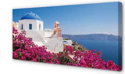 Produktbild von Leinwandbild 100x50 Wandkunst Griechenland Blumen Meer Gebäude