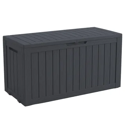 Produktbild von Floordirekt Gartenbox Holz-Optik wetterfeste Kissenbox 270L anthrazit Auflagenbox für Terrasse Balkon & Garten