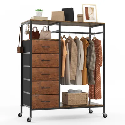 Produktbild von HOKEEPER Kleiderständer, offener Kleiderschrank, Kleiderständer auf Rollen, Kleiderstange, fahrbarer Kleiderständer mit Schubladen, Haken, Braun