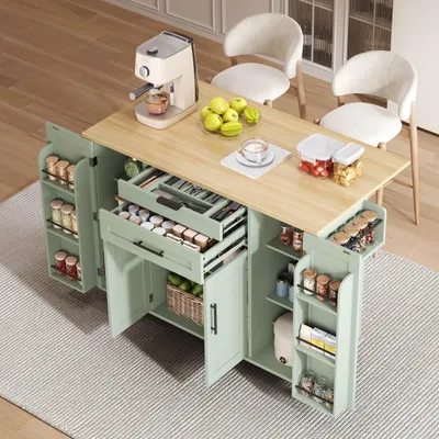 Immagine prodotto di Isola mobile da cucina, dimensioni 120x45 cm, piano di lavoro estendibile fino a 70 cm, cassetto per posate, ripiani regolabili, ripiano per spezie, portasciugamani.