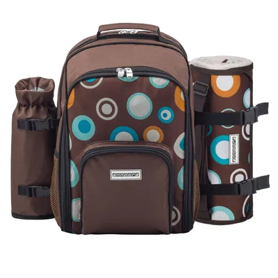 Produktbild von Picknickrucksack inklusive Geschirr 15 teilig 2 Personen +Picknickdecke braun Retro Punkte - Mit Picknickdecke | Braun + Picknickdecke