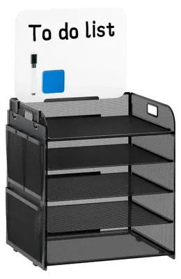 Image de Organiseur de bureau - Étagère en filet à 5 niveaux avec tableau blanc - Poches de rangement - Pour livres, fournitures de bureau, documents - Peu encombrant - Noir