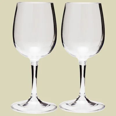 Two clear wine glasses are shown side-by-side against a plain, light beige background.