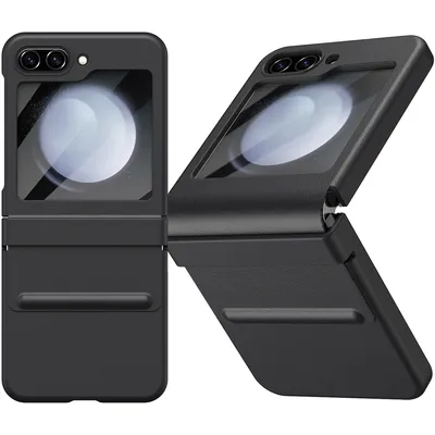 Obrázek produktu pro Kožené pouzdro na Samsung Galaxy Z Flip 5 s koženým pantem a ochranou displeje černé
