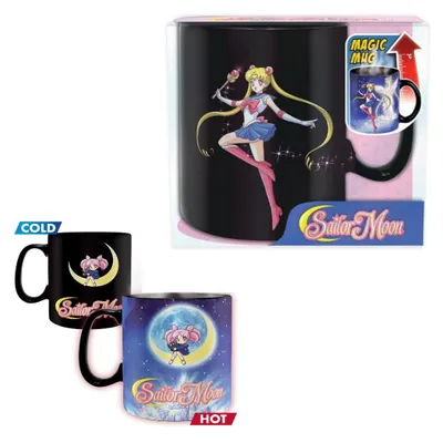 A collage showing a Sailor Moon magic mug in both its cold and hot states, along with its packaging.