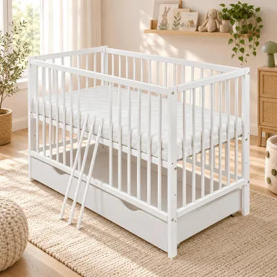 Produktbild von Baby-Delux Babybett Gitterbett Milo 120x60 Schutzgitter Schublade Weiß