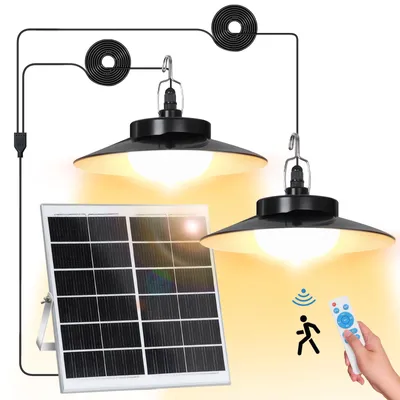 A solar panel and two pendant lights are displayed, with a remote control and icons indicating motion detection.