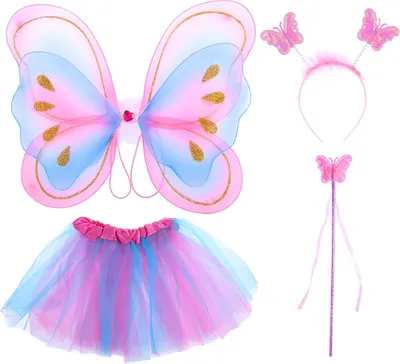 Obrázok produktu pre 4-dielny kostým víly pre dievčatá, dvojvrstvový, tutu, sukňa, krídla, čarovná palička, čelenka, cosplay, párty oblečenie