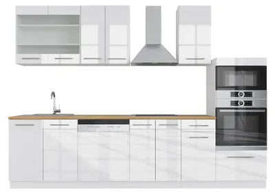Obrázok produktu pre Kuchynský kút Vicco Fame-Line Biela vysoký lesk/biela 300 cm s vysokou skrinkou, bez pracovnej dosky, Model 33621
