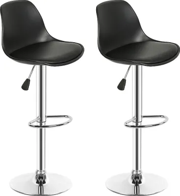 Two black bar stools with chrome bases and adjustable height.