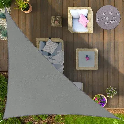 Imagen del producto de Tomivo® Vela triangular para sombra, 4 x 4 x 5,7 metros – Protección solar del 95%, HDPE de 185 g/m², impermeable, incluye 1,5 metros de cuerda de sujeción y anillas de acero inoxidable, color gris
