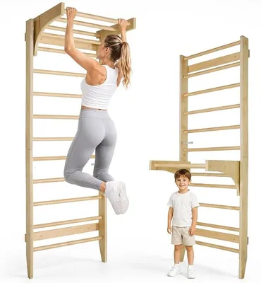 Imagen del producto de Pared de barras para ejercicios, con barra para dominadas y soporte para fondos