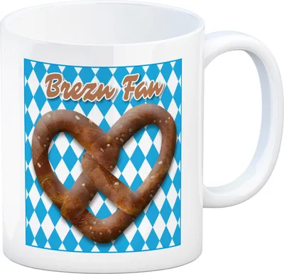 Produktbild von Brezelherz Bayernflagge Kaffeebecher mit Spruch Brezn Fan