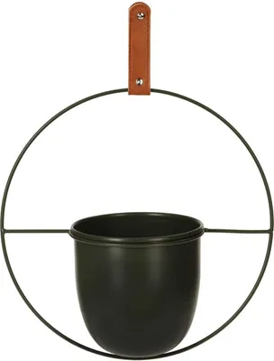 Produktbild von Eleganter Hängetopf aus schwarzem Metall mit Lederband für den Innenbereich