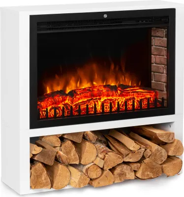 A white electric fireplace with a log fire effect and a storage compartment for firewood below.