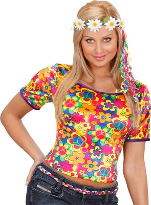 Produktbild von T-Shirt Samt Hippie Blumen 70s Karneval Fasching Mottoparty, Groesse:S/M