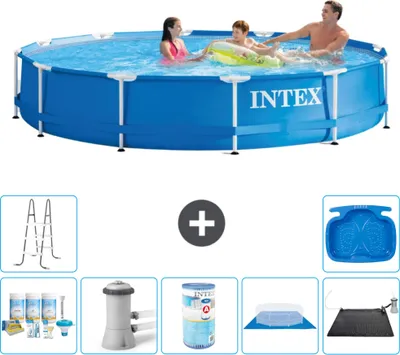 Produktbild von Intex-Schwimmbecken mit rundem Rahmen – 366 x 76 cm – Blau – im Lieferumfang enthalten Wartungspaket - Filterpumpe für Schwimmbad - Filter - Bodenplane - Solarmatte - Leiter