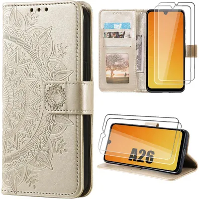 Image de Coque + 2 Verres Trempés pour Samsung Galaxy A26 5G, Protection Anti-Rayures CuirPolyuréthaneDoré Motif Floral Géométrique