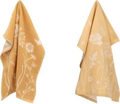 Productafbeelding van Unyqoos® Bunzlau Castle Keuken- en theedoekenset "Wilde Bloemen" geel – 100% biologische katoen (GOTS), keukenhanddoek 53x60 cm en theedoek 65x65 cm