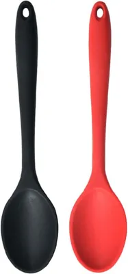 Produktbild von Set mit 2 kleinen, schwarz/roten Silikonlöffeln, antihaftbeschichtet und hitzebeständig, zum Servieren, Kochen und für Salate.