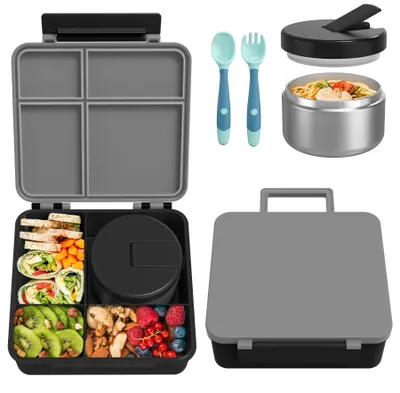 Kinderlunchbox-Set mit 4 Fächern, Thermobehälter 300 ml, grau