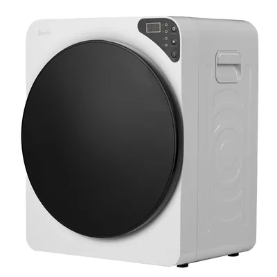 A white mini clothes dryer with a black circular door is shown against a white background.