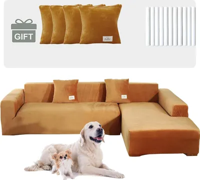 Produktbild von L-förmiger Sofabezug Stretch Samt verdickter Ecksofabezug,3 Sitzer+3 Sitzer Couchbezüge,Möbelschutz mit 4 Kissenbezügen für Möbel,Hund,Katze(Orange)