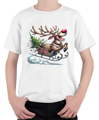 Produktbild von Rudolph Rentier Schlitten Weihnachtsbaum Glöckchen Cartoon Lustig Kinder T-Shirt, Weiß, 152