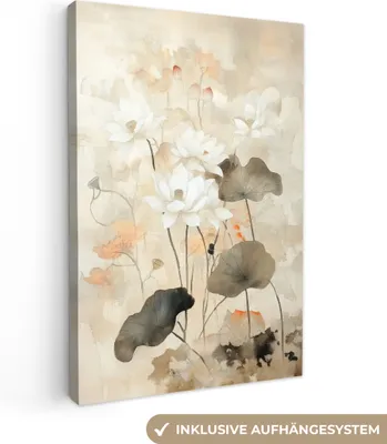 Produktbild von Leinwand Bilder 80x120 cm - Japandi - Blumen - Beige, Bild Modern, Wanddeko, Gemälde