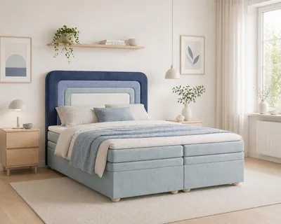 Produktbild von MOEBLO Boxspringbett, Polsterbett Kontinentalbett, dekorativem Kopfteil Doppelbett mit Bonell-Frendung, Topper und Bettkasten (gepolstertes Kopfteil, Boxspring) - Nest 140x200 - Navy