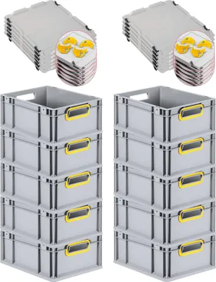 Produktbild von SuperSparSet 10x Eurobox NextGen Color mit Auflagedeckel und Schiebeschnappverschlüsse | HxBxT 17x30x40cm | 16 Liter | Grau | Griffe gelb offen | Glatter Boden | Eurobehälter, Transportbox, Transportbehälter, Stapelbehälter