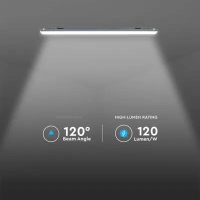 A linear LED light fixture is shown mounted on a ceiling, emitting a wide beam of light downwards. Text overlays highlight its features.