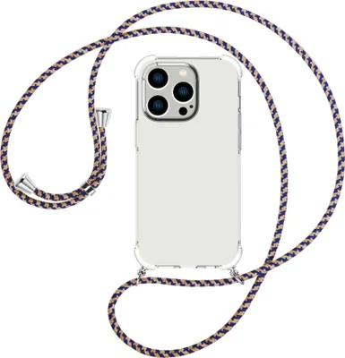 Produktbild von Handykette Backcover-Schutzhülle mit Band (Metall silberfarben) für Apple iPhone 15 Pro - blau+beige