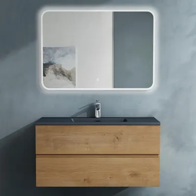 Image de doporro Meuble de Salle de Bain Suspendu Aspect de Chêne 100x48x50cm Ensemble de 3 Pièces Meuble avec Lavabo Gris Noir Mat Solid Surface et LED Miroir Design Aqualis