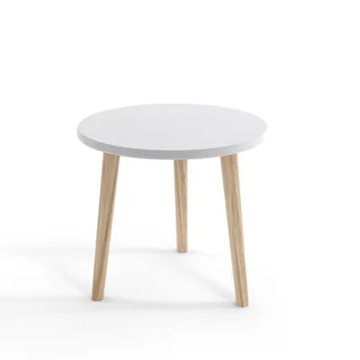 Produktbild von Couchtisch Rund 67 cm Weiß Holzbeine Boho Skandi Wohnzimmertisch modern